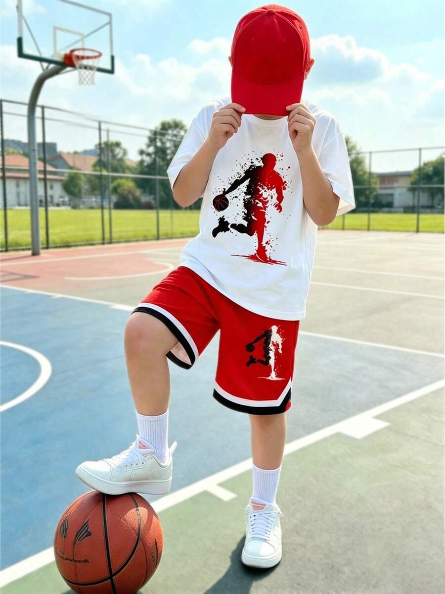 SHEIN Vacaura 2件組青少年男孩短袖T恤與短褲套裝,籃球潑墨印花,白色與紅色,夏季街頭風度假運動穿搭 - 彩色 - 查看 1