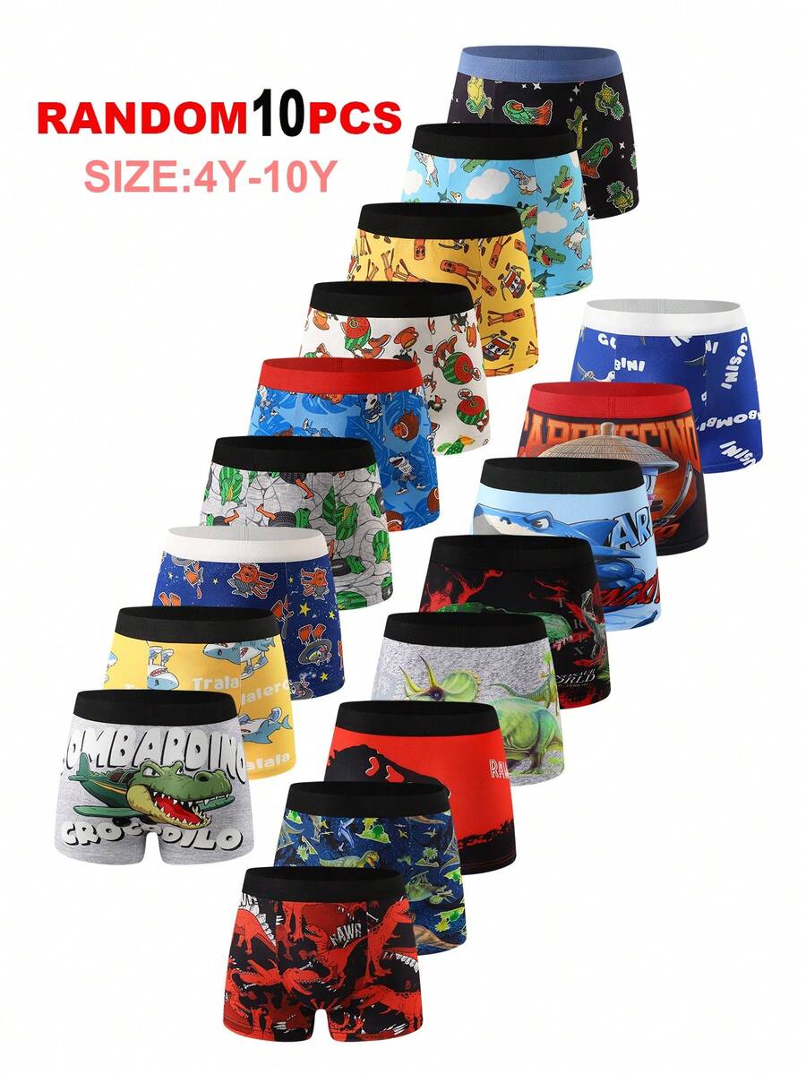 10 chiếc/gói Quần lót boxer thoải mái in hình khủng long hoạt hình cho bé trai - Nhiều màu - Xem 1
