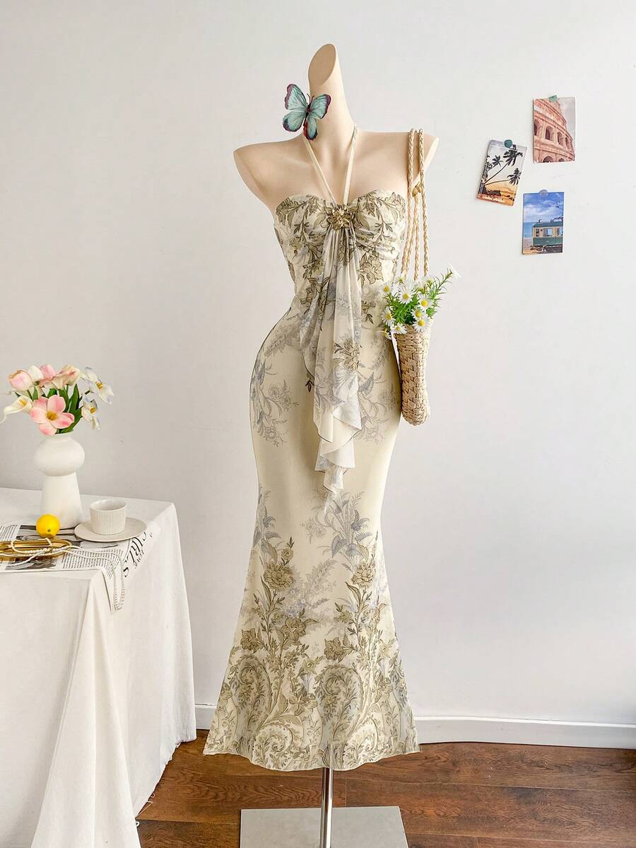Soleia 女士度假针织网纱渐变浪漫修身露背系带金属扣装饰鱼尾连衣裙,适合派对、约会、下午茶等场合,性感优雅 - 藍色 - 查看 1
