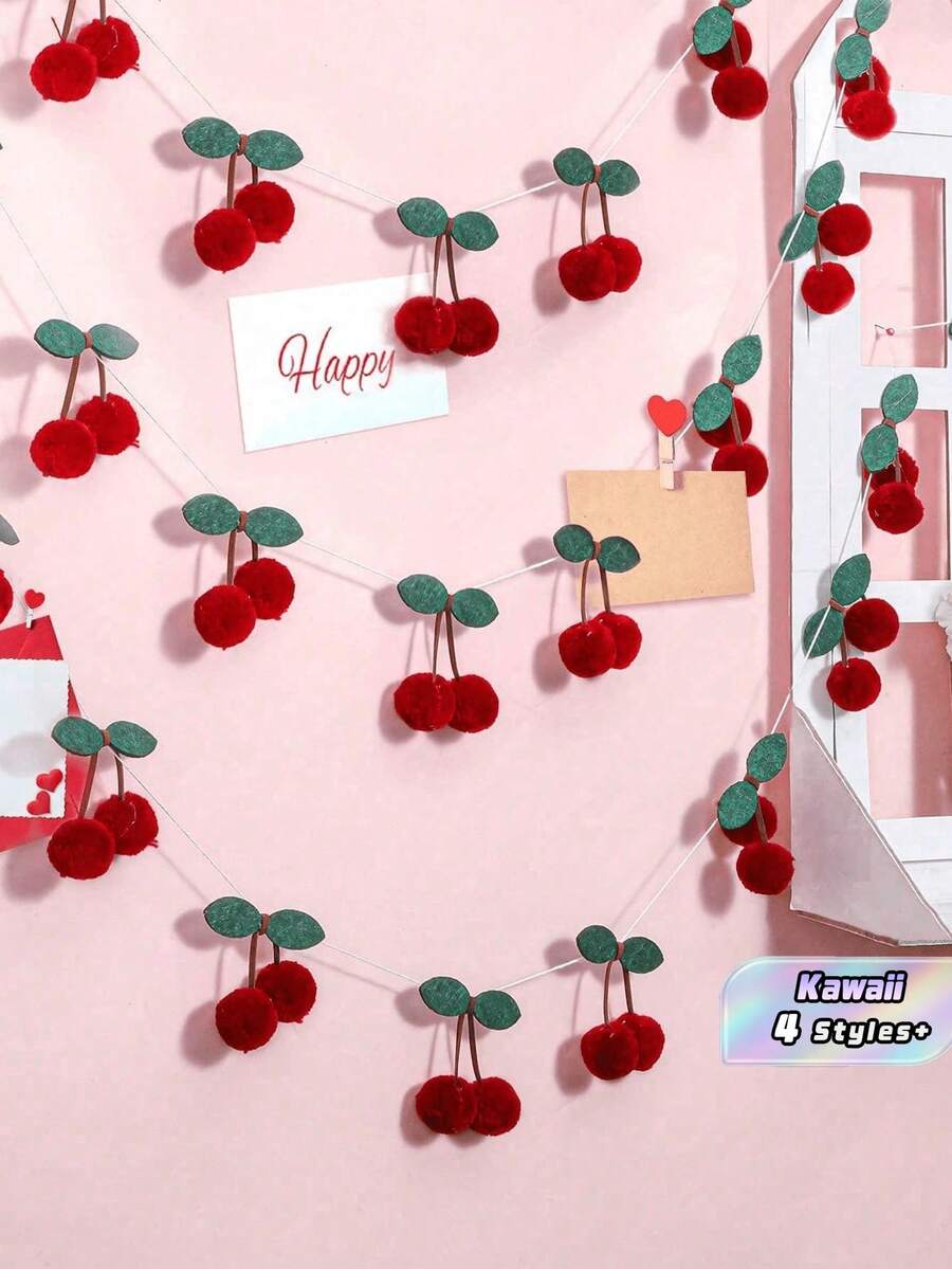 1件可爱樱桃绒球花环 - 蓬松毛绒球DIY穿线横幅,适用于生日派对、婴儿派对、育婴室、卧室墙面装饰、唯美房间、波西米亚风节日及母亲节毕业礼物装饰 - 彩色 - 查看 1