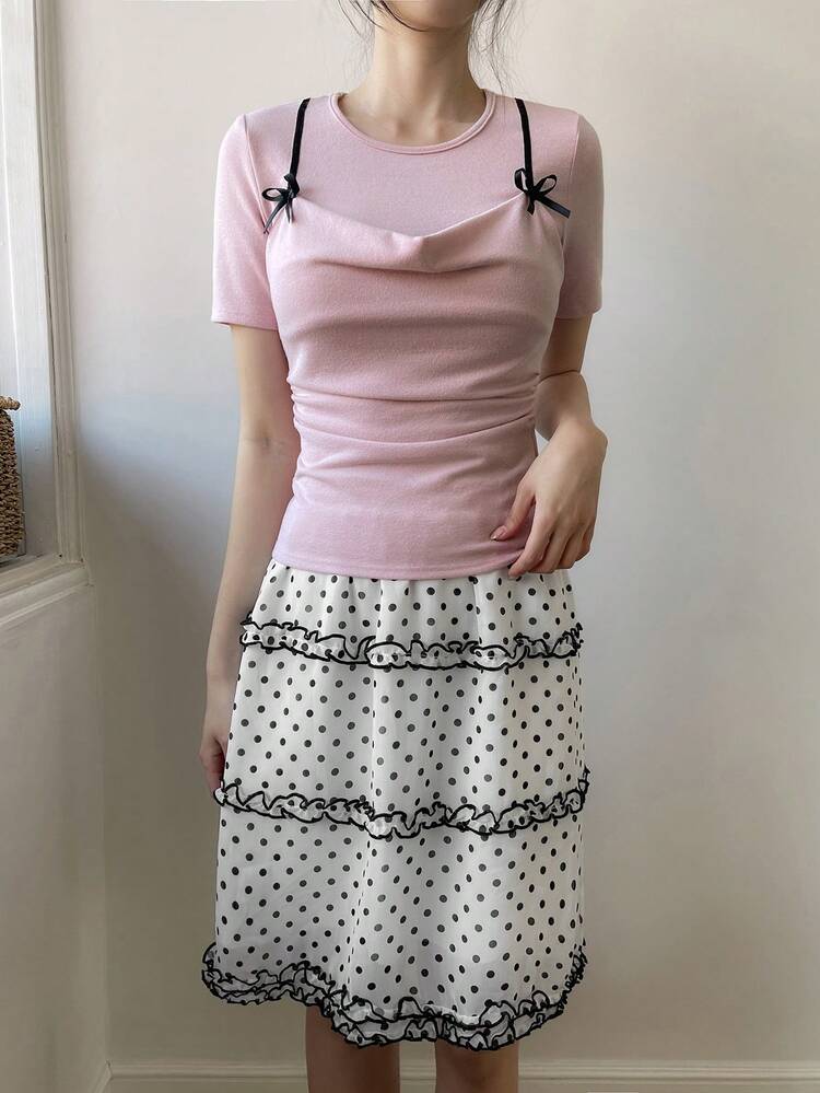 Women's White French Style A-Line Skirt With Polka Dot, Frill Trim Design, Loose Fit, Girly Vibe, Suitable For Spring & Summer