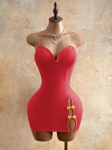 Mistrie Đầm quây ngực xẻ tà, thêu họa tiết thanh lịch dành cho nữ, có cúc cài. - Đỏ - Xem 7