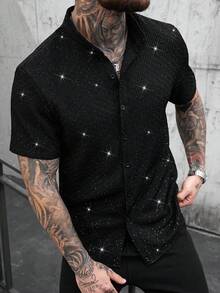 SLATEMANN Plus Size Men's Shiny Fashion Rave Short Sleeve Shirt Black,Summer,Elegant,Club,Evening Party Vintage Y2k Streetwear Wedding Birthday Party Gift - Black - View 1