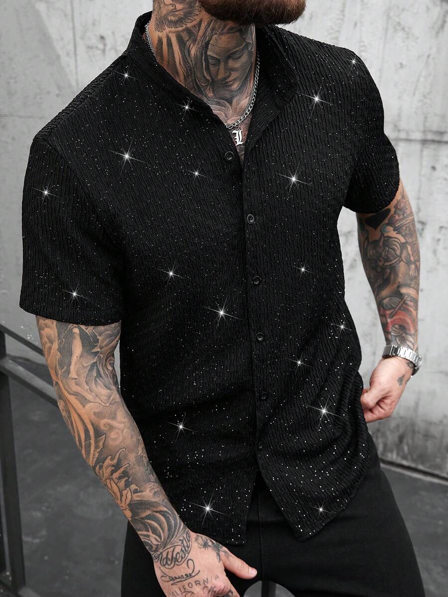 SLATEMANN Plus Size Men's Shiny Fashion Rave Short Sleeve Shirt Black,Summer,Elegant,Club,Evening Party Vintage Y2k Streetwear Wedding Birthday Party Gift - Black - View 1