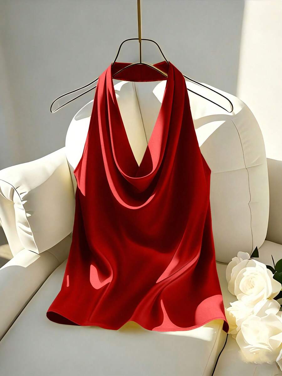 Franclia Women's Sexy Draped Neck Backless Fitted Camisole, Spring/Summer - Red - View 1