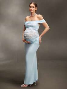 Cheriluna Maternity Elegante vestido de maternidad de encaje con hombros descubiertos y ajustado para fotografía, vestido de maternidad de punto elástico con patchwork - Celeste - Ver 5