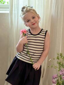 LMoss Kids Áo vest dệt kim kiểu dáng thường ngày kẻ sọc phối màu tương phản dành cho bé gái - Đen và trắng - Xem 2