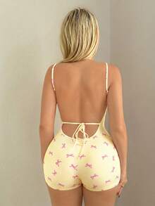 Sweetina Bodysuit ngắn nữ mùa hè màu vàng hở lưng, phối nơ, kẻ sọc, sexy, kiểu camisole đi chơi - Vàng nhạt - Xem 3