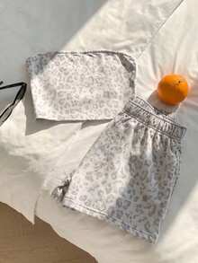SHEIN EZwear 两件套豹纹套装，适合度假、毕业季、夏季上衣、日常通勤、约会、派对、秋冬夏季、圣诞节、新年、感恩节、聚会、婚礼、海滩、毕业典礼、时尚、优雅、休闲、外出、约会、预订、通勤、闪亮、情人节、优雅、度假、休闲、Y2K、外出、毕业典礼等场合。 - 彩色 - 查看 4