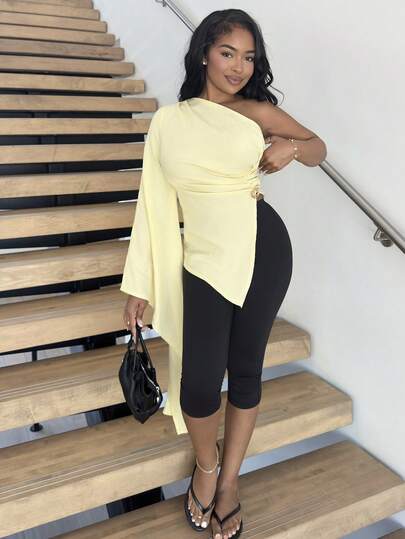 Alexandranx 女士优雅新款时尚海滩度假休闲单肩超长袖褶饰金属装饰白色衬衫