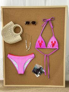 Swim Mod Women's 2-Piece Swimwear Set, Crayfish Print Colorblock Striped, Fashionable & Sweet Beach Vacation - Multicolor - View 5