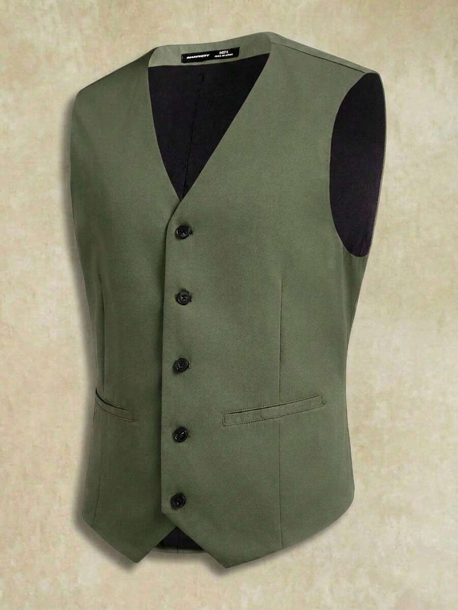 EASEVO Chaleco casual versátil de unicolor con cuello en V y abotonadura sencilla para hombre talla grande - Verde - Ver 1