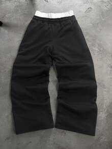 PAVTROS Pantalones de chándal con estampado de letras y cintura con contraste para hombres - Negro - Ver 2