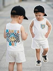 SHEIN Vintaside Kids 2件套新生儿男宝宝休闲条纹字母和人脸印花背心上衣和松紧腰短裤套装，春夏款 - 白色 - 查看 8