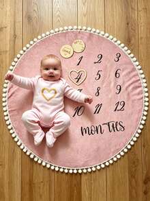 Newborn Baby Number Print Contrast Pompom Trim Round Neck Photography Outfit - Pink - View 2
