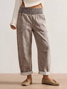 Bohemela Pantalones sueltos de cintura baja de unicolor tejidos, estilo bohemio de otoño/invierno para mujer - Caqui - Ver 4