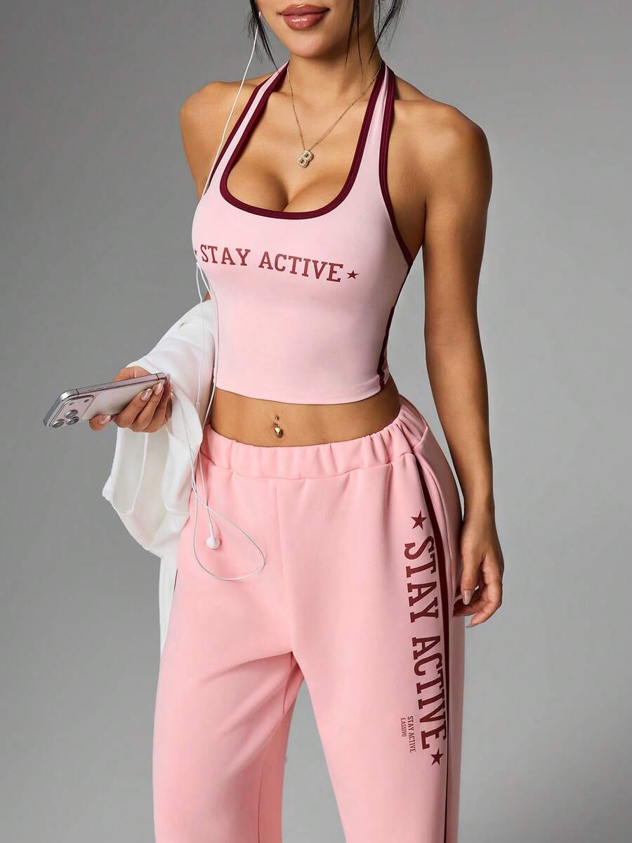 Eassivo Letter Print Backless Halter Top And Casual Sweatpants Sports Suit - Pink - View 1