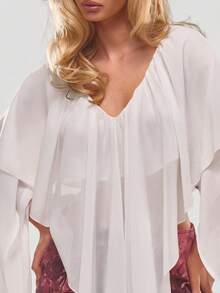 Textured Floaty Chiffon V-Neck Frill Blouse Summer Holiday Vacation Beach Ibiza Cute Festival Elegant Cherry Moon - White - View 2