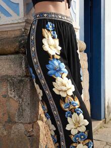 CAJUNI Conjunto Top E Calça Boho Preto Estilo Envelope Com Estampa Floral - Black - View 6