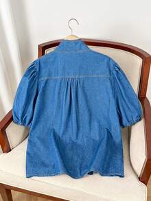 SHEIN Frenchy 大码夏季休闲V领系带牛仔衬衫 - 淺色水洗藍 - 查看 2