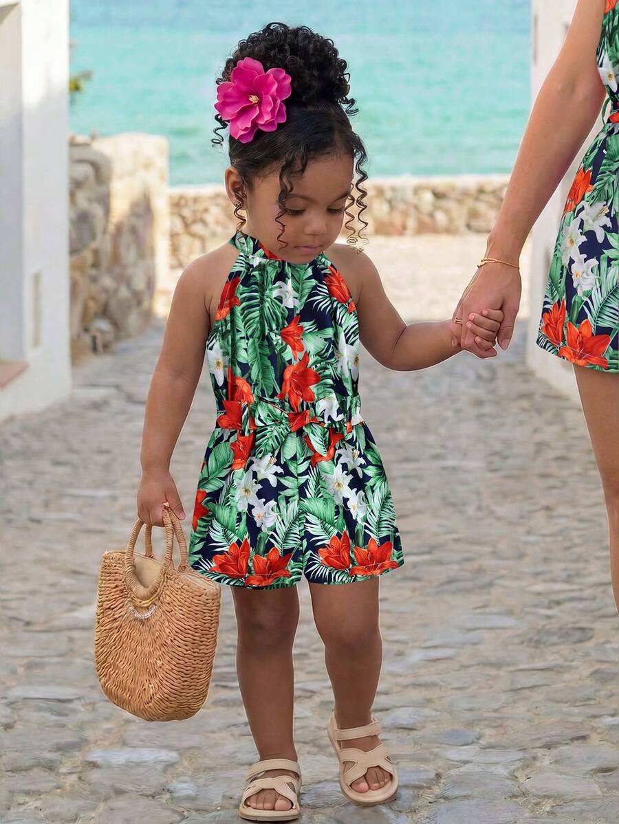 Baby Girl Floral Print Halter Neck Romper, Casual Vacation Outfit - Navy Blue - View 1