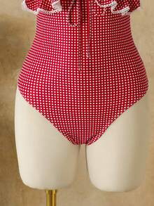 Bellisia Women's Summer Beach Plaid Pattern Deep V Ruffle Bow Tie Front Cute Casual Vacation Style Romper Swimsuit - Red - View 9