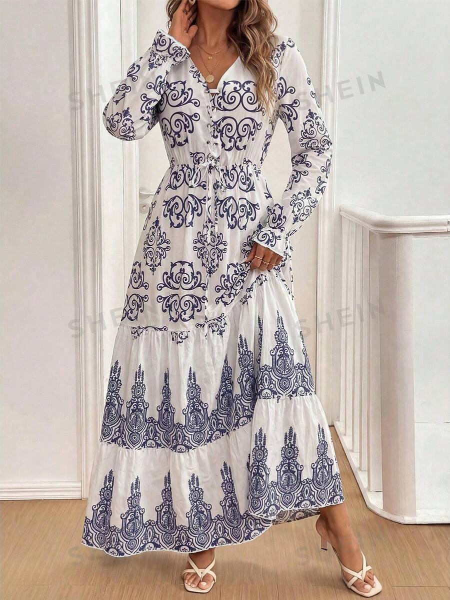 Breezaya Đầm maxi dài tay, buộc dây phía trước, xếp ly, in họa tiết toàn thân, thích hợp mặc dịp năm mới. - Màu xanh lam - Xem 1