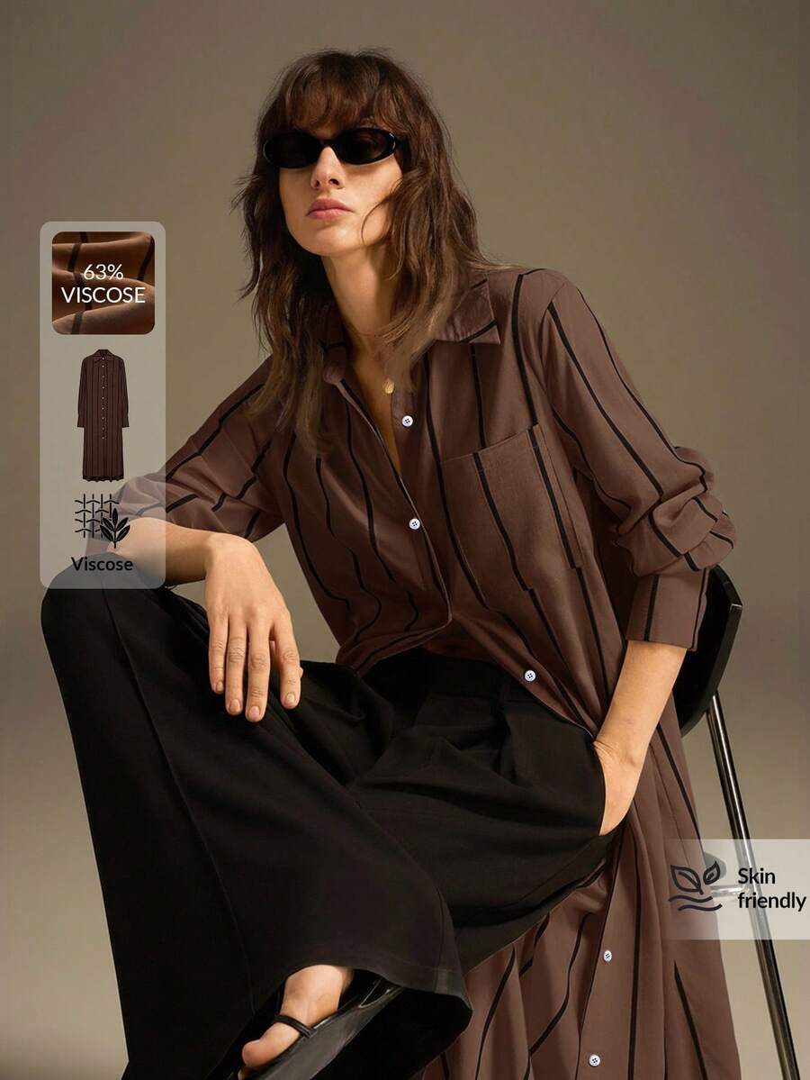 2026春夏新款女士条纹长袖单排扣休闲衬衫裙，商务休闲女装，适合海滩、音乐节、都市简约通勤办公穿着，优雅派对礼服，情人节聚会之选