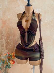 SHEIN WYWH 女士扎染深V领露背上衣和短裤两件套，度假装 - 彩色 - 查看 4