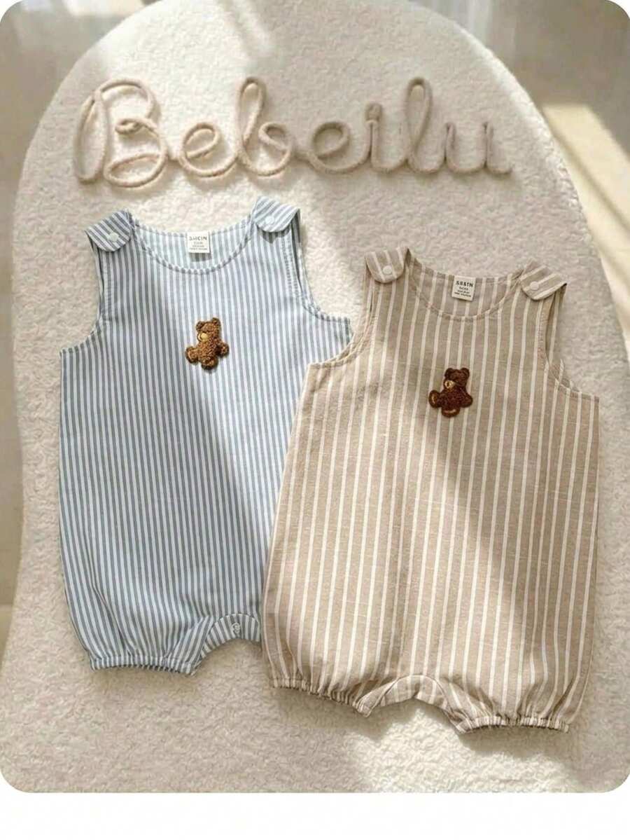 2pcs/Set Newborn Baby Boys Cute Poplin Solid Color Vest & Overall, Summer - Multicolor - View 1