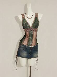 SHEIN ICON Áo hai dây ôm sát màu nâu, họa tiết da báo retro Y2K gợi cảm dành cho nữ, phối ren, cổ chữ V. - xanh quân đội - Xem 3