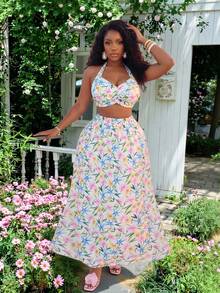 Slaydiva Conjunto Elegante de Duas Peças com Floral para Mulheres com Top Cropped e Saia de Cintura Alta, Confortável e Estiloso para Clima Quente - Multicolorido - Visão 10