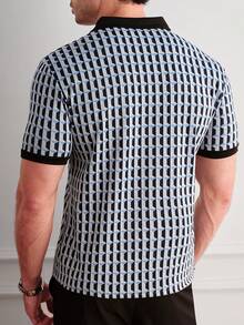 Manfinity Homme 针织短袖提花 Polo 衫，休闲时尚 Polo 衫，撞色领高尔夫球衫，男士纽扣针织 Polo 衫，男士翻领 Polo 衫 - 彩色 - 查看 3