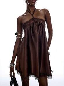 LYSMO 2026 New Arrive Minimalism Spring/Summer Solid Color Halter Spaghetti Strap Backless Sleeveless Fashion Dress Going Out Club Night Out Party - Coffee Brown - View 6