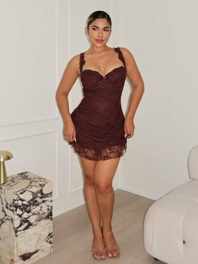 Maria Perezxox 女式棕色花卉蕾丝蝴蝶结装饰修身无袖迷你连衣裙