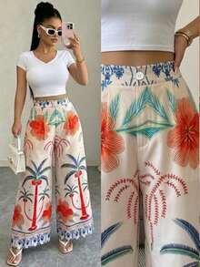 Vavine Women's Vacation Palm Tree Pattern Wide Leg Casual Pants - Multicolor - View 1