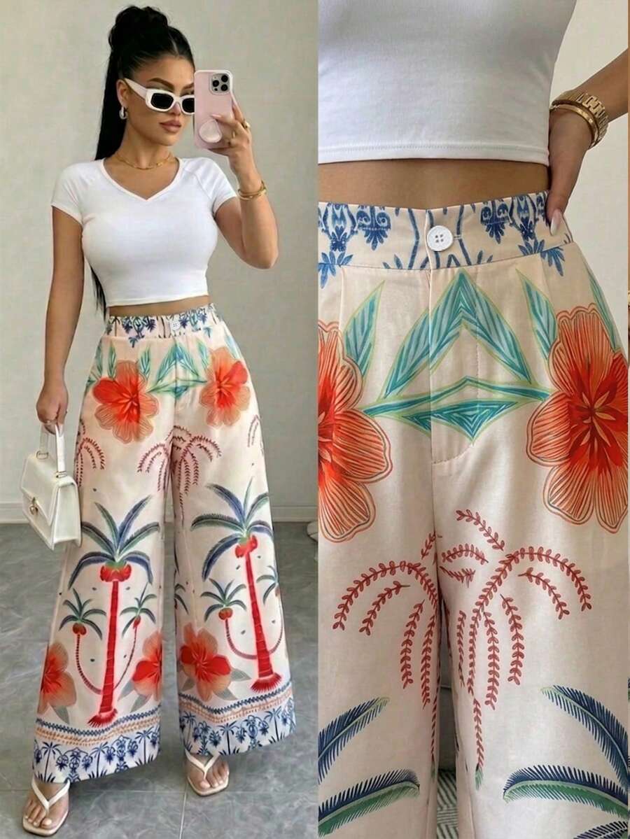 Vavine Women's Vacation Palm Tree Pattern Wide Leg Casual Pants - Multicolor - View 1