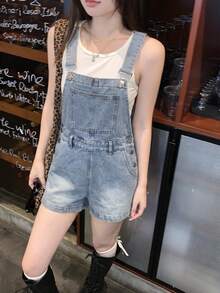 DAZY Women's Casual Versatile Everyday Denim Bib Shorts With Pockets - Light Wash - View 5
