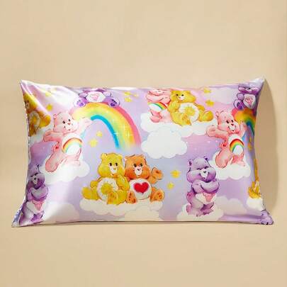 SHEIN X Care Bears 2 件可爱卡通图案枕套，紫色/粉色，缎纹面料，舒适凉爽，彩虹、云朵、泰迪熊印花