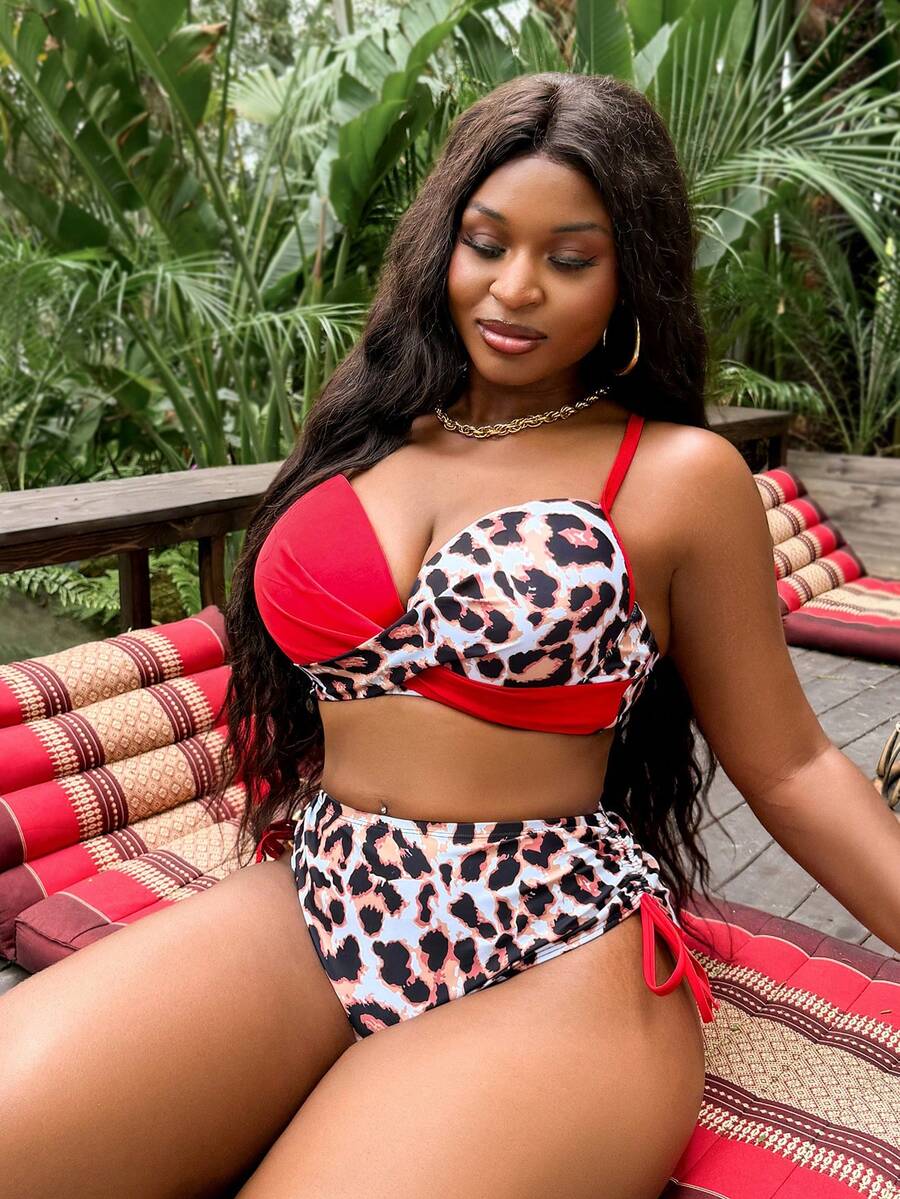 Slaydiva Set Baju Renang Tankini Berkawat 2 Potong Motif Acak untuk Wanita Ukuran Plus, Pakaian Liburan Kasual - Merah - View 1