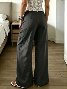 EMERY ROSE Pantalones anchos de unicolor versátiles y casuales para mujer - Gris Oscuro - Ver 2