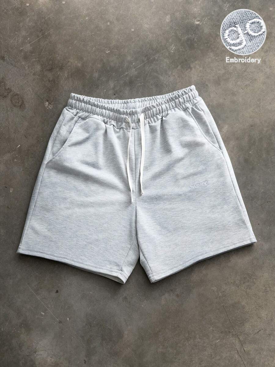 PAVTROS Men's Letter Embroidered Drawstring Waist Shorts - Light Grey - View 1