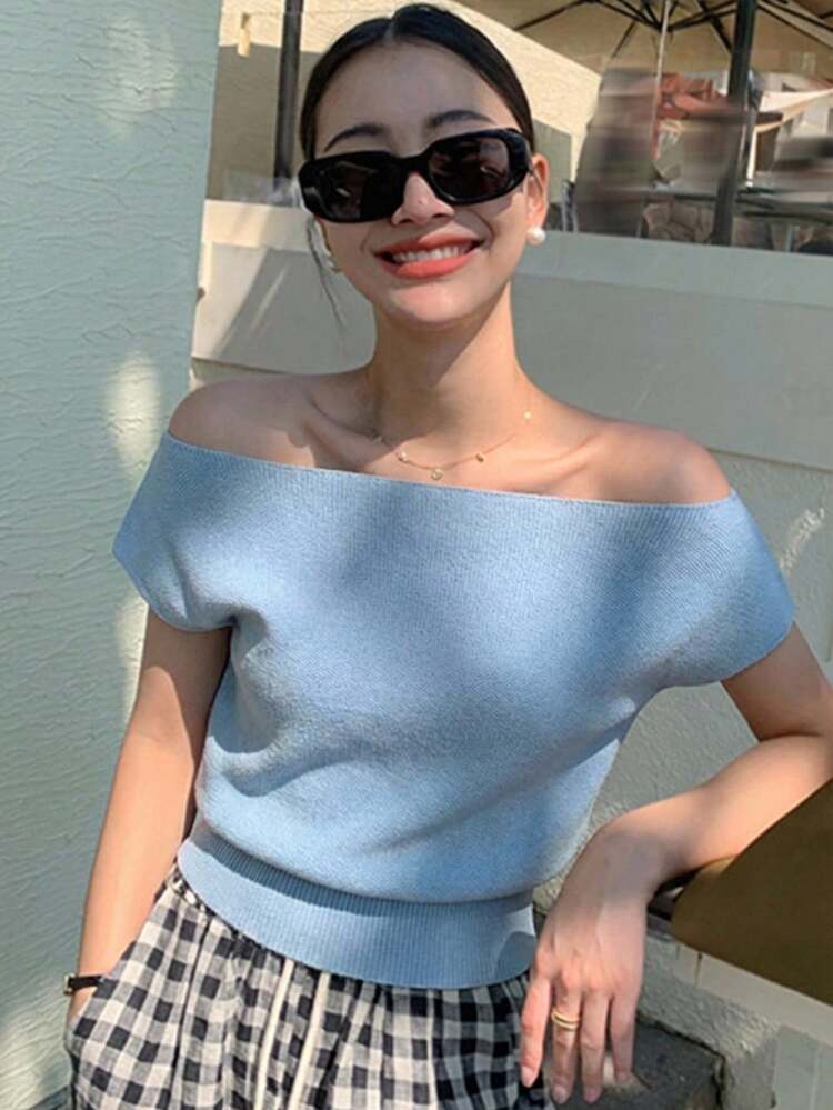 Women's Solid Color Minimalist Off-Shoulder Knit Top, Everyday Wear