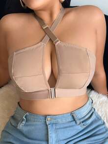 SHEIN Plus Size Front Closure Wireless Comfort Halter Bra - Camel - View 6
