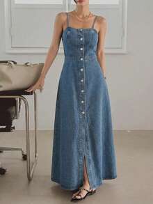 Dazy-Less Đầm denim không tay dáng chữ A xẻ tà, thắt eo, dành cho nữ, thích hợp cho mùa xuân và hè. - Màu xanh lam - Xem 3