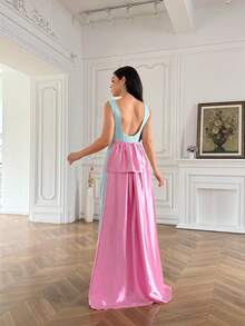 Modelyn Women's Pink And Blue Ruffle Back Sleeveless Elegant Dress Formal Dinner Holiday Party Summer - Blue - View 1