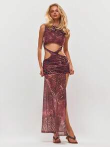 MUSERA Cut Out Ruched Split Sheer Maxi Dress Summer Holiday Vacation Beach Ibiza Cute Festival Elegant Cherry Moon - Multicolor - View 1