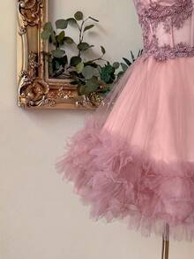 Lovelzi Elegant Lace Patchwork Satin Handmade Embroidered Applique Waist Cutout Fitted Short Dress, Suitable For Dates, Singles Parties, Galas, Balls - Dusty Pink - View 5