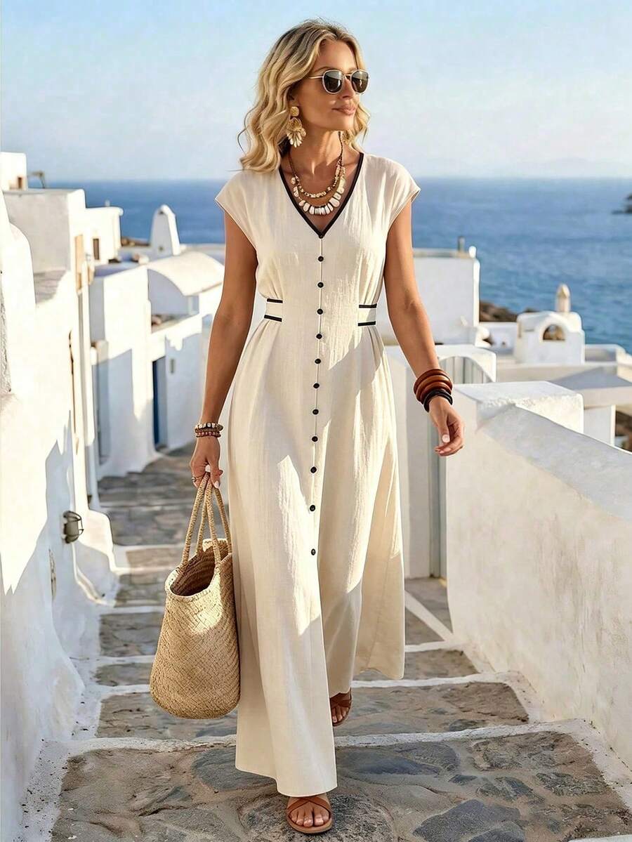 Breezaya 这款百搭都市商务宴会办公通勤情人节约会派对海滩休闲优雅经典V领短袖收腰长裙，专为女性设计。 - 杏色 - 查看 1