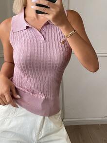 DAZY Women's Solid Color Fitted Cropped Sleeveless Collared Tank Top With Metal Logo, Casual Sexy Summer Knit Blouse Back-To-School Golf Lilac - Pink - View 3